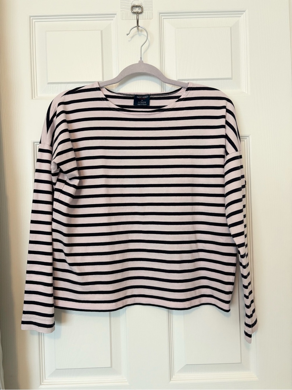 SAINT JAMES for J CREW, Sz SMALL, PALE PINK/BLACK BRETON STRIPE MADE IN FRANCE